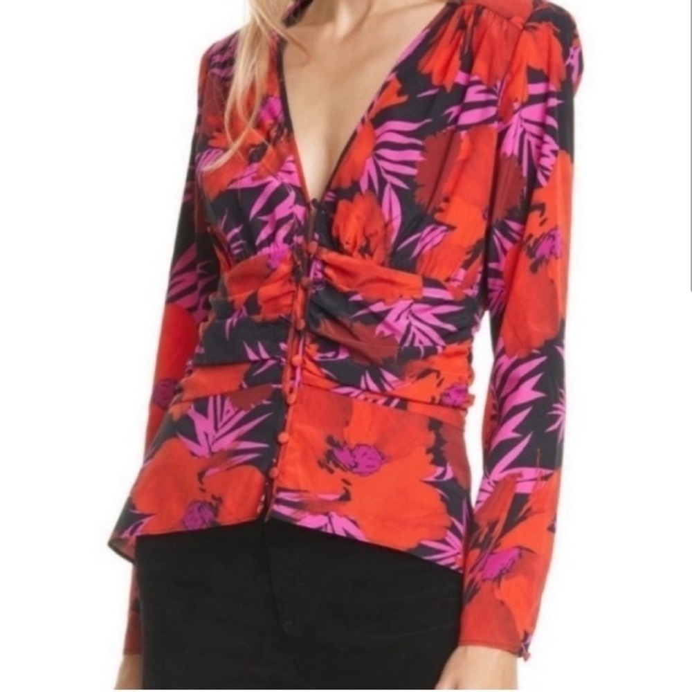 Veronica Beard Red Floral Pevero Silk Button Front Long Sleeve Blouse Flower